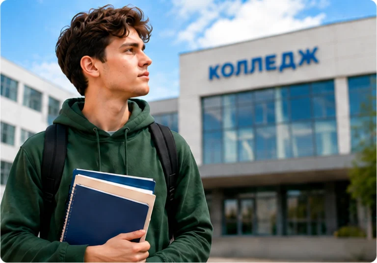 Студент с документами стоит у здания колледжа
